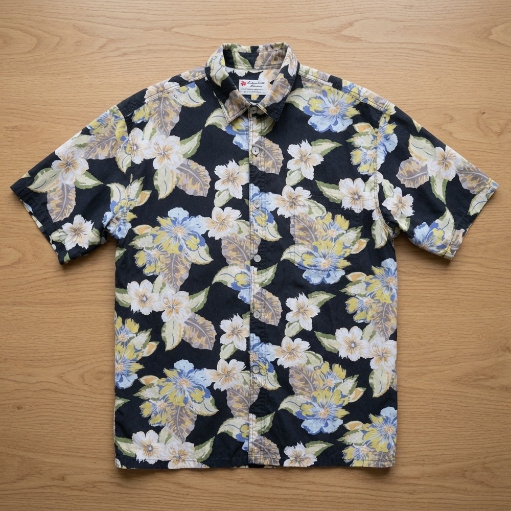 Hibiscus Collection Hawaii Mens Large Black Floral Cotton‎ Hawaiian Shirt S/S